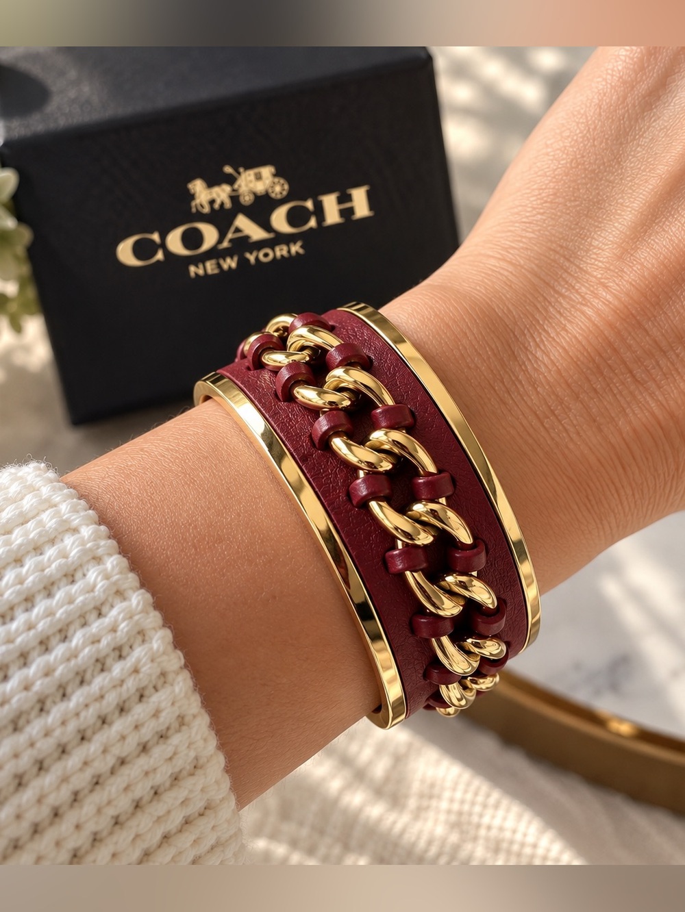 COACH Gold Tone Burgundy Leather Chain Wide Cuff Bracelet Like New